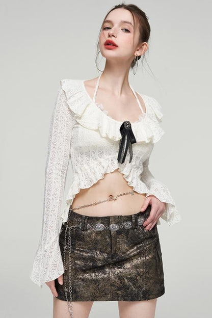 Ruffled Lace Bow Bell Sleeve Top