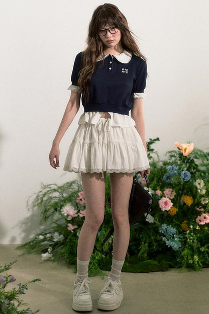 Lace Edge Doll Neck T-Shirt