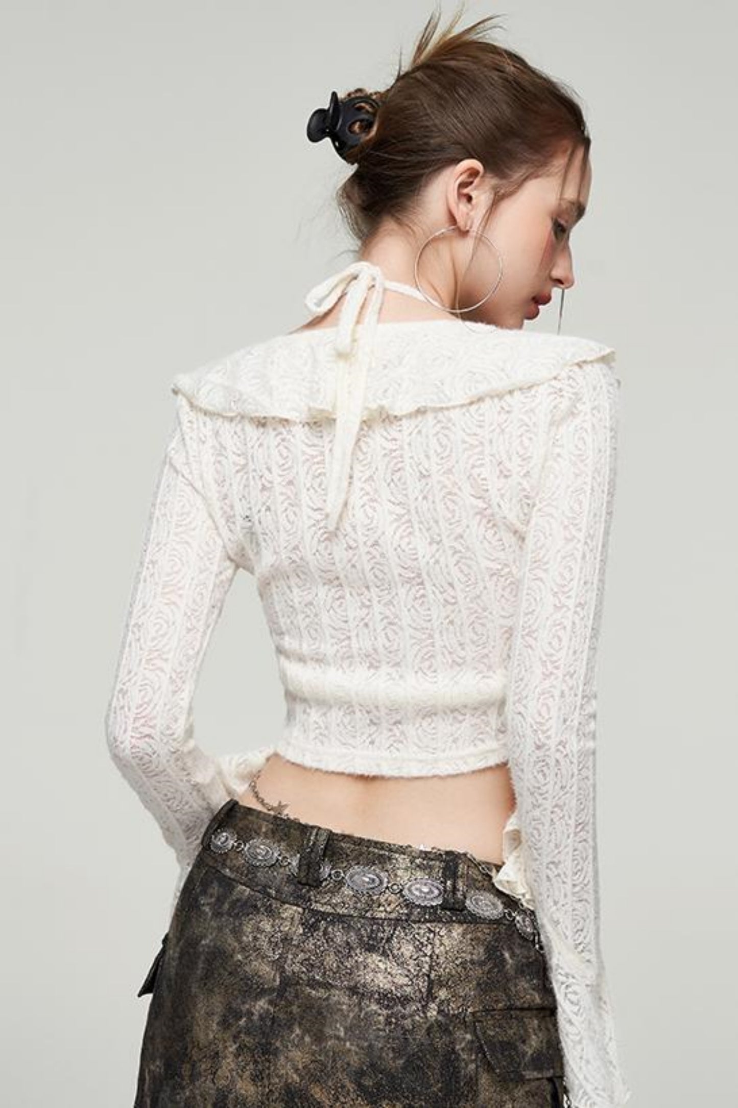 Ruffled Lace Bow Bell Sleeve Top