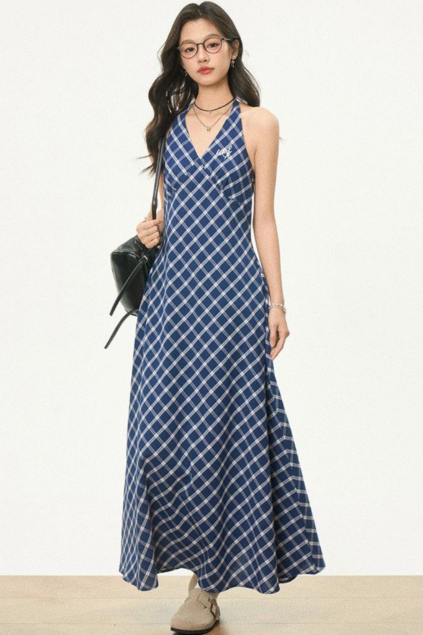 Retro Plaid Halter Dress With Smock Set-Up