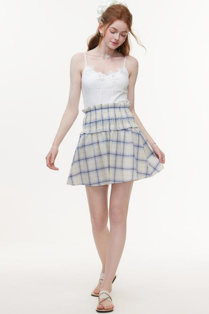 One-Shoulder Smocked Check Blouse