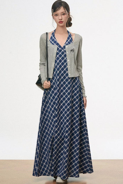 Retro Plaid Halter Dress With Smock Set-Up