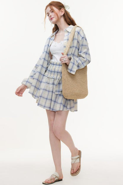One-Shoulder Smocked Check Blouse