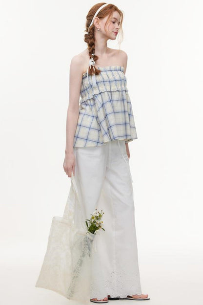 One-Shoulder Smocked Check Blouse