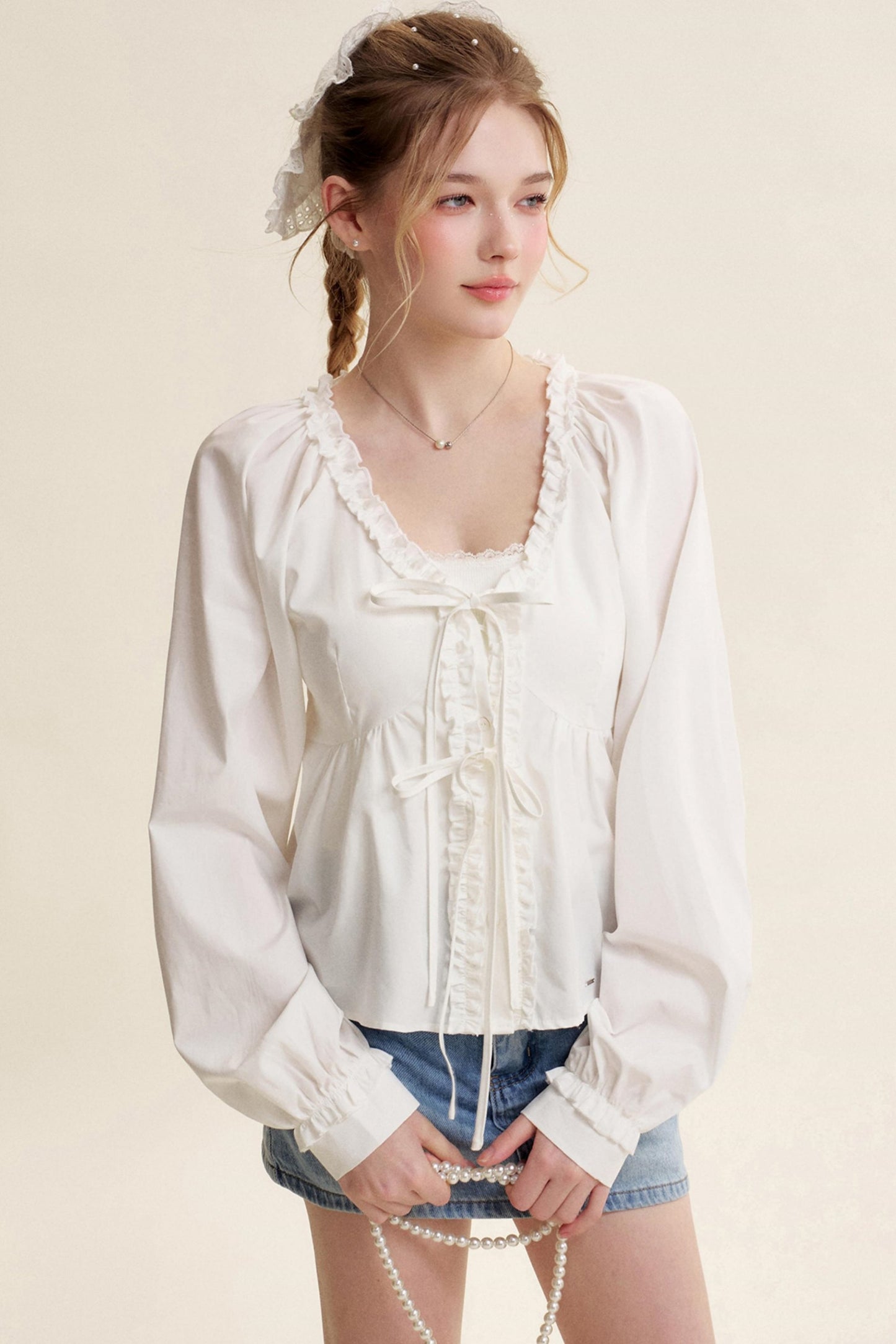 Romantic Lace Bow Tie V-Neck Shirt