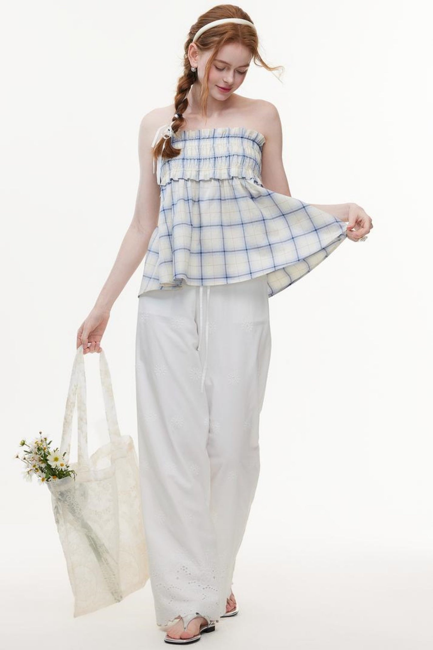 One-Shoulder Smocked Check Blouse