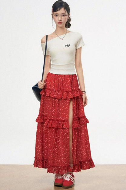 Pink Polka Dot High-Slit Skirt