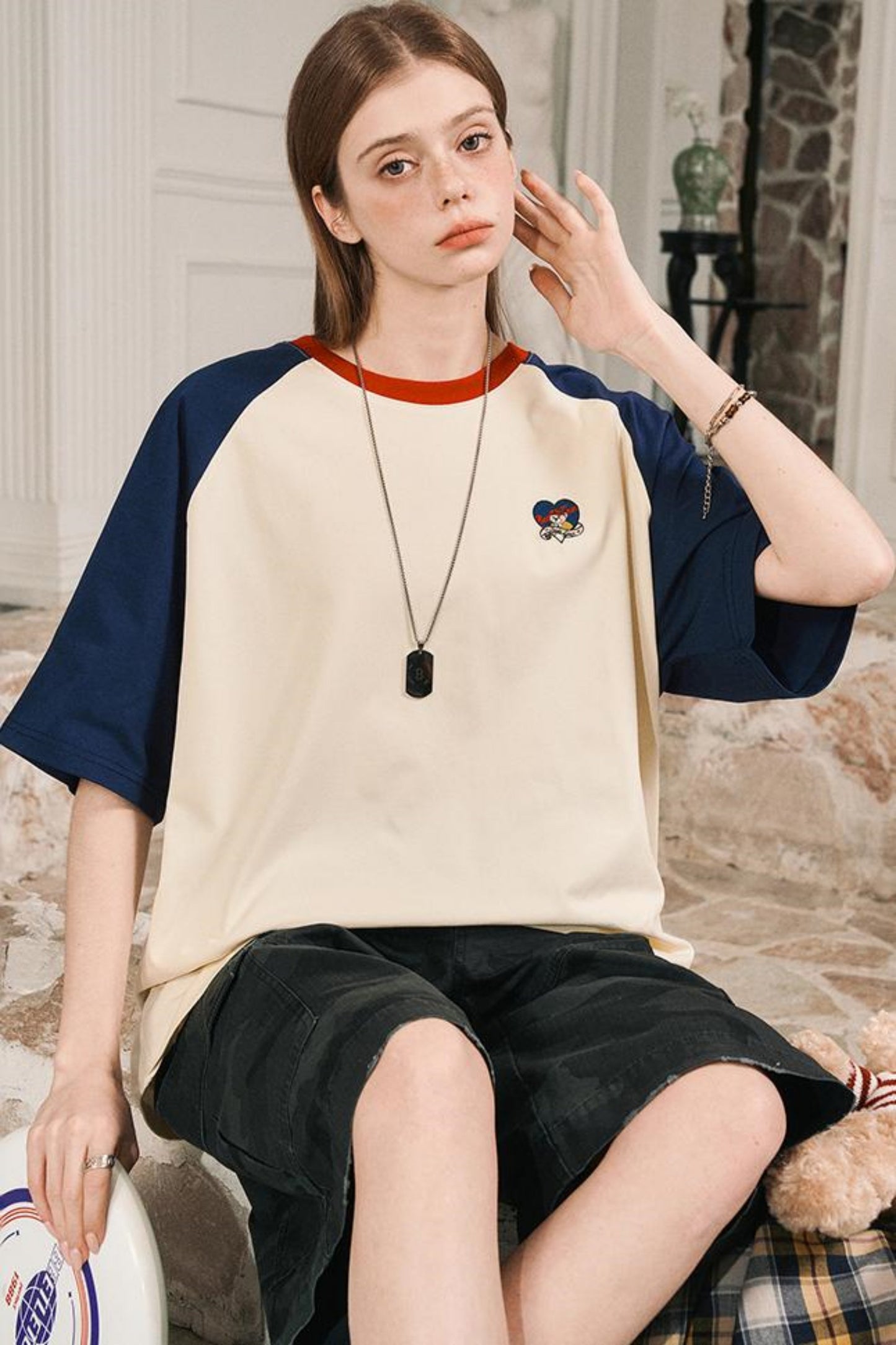 Color Block Shoulder Loose Fit T-Shirt