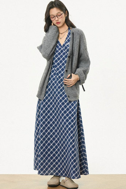 Retro Plaid Halter Dress With Smock Set-Up