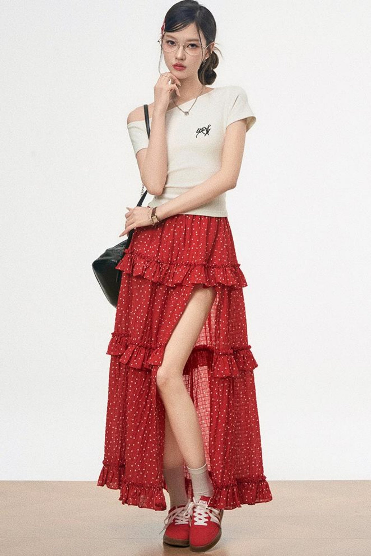 Pink Polka Dot High-Slit Skirt