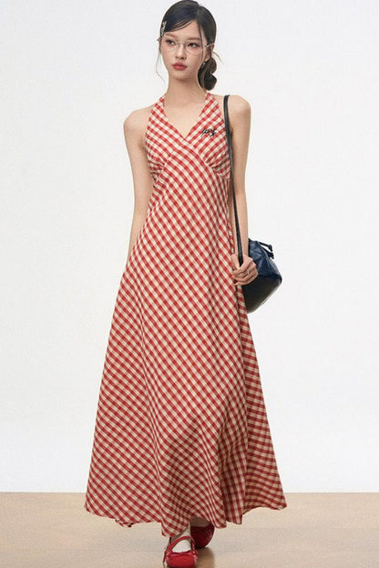 Retro Plaid Halter Dress With Smock Set-Up