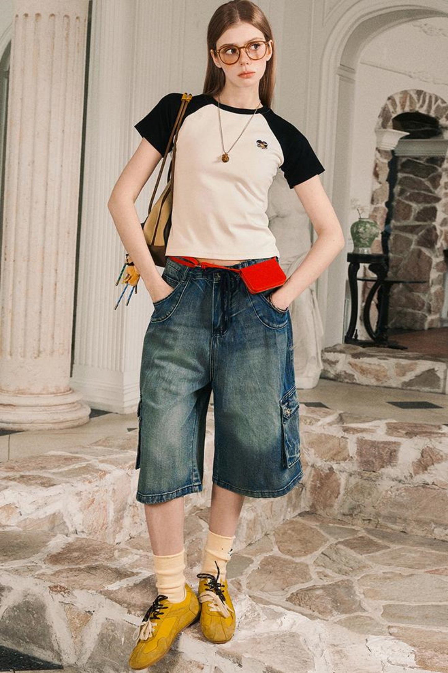 Color Block Shoulder Loose Fit T-Shirt