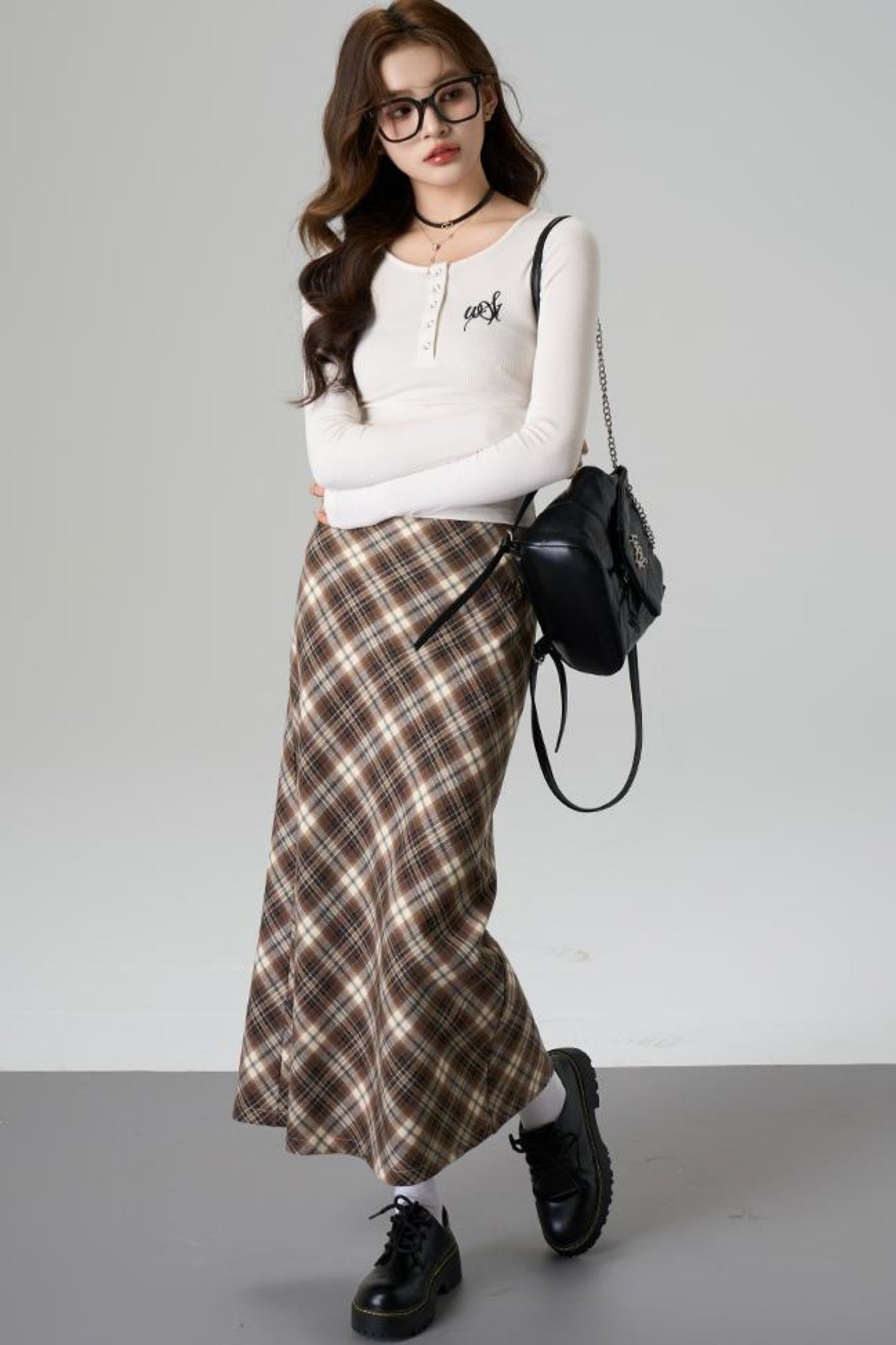 Brown Plaid A-Line Skirt