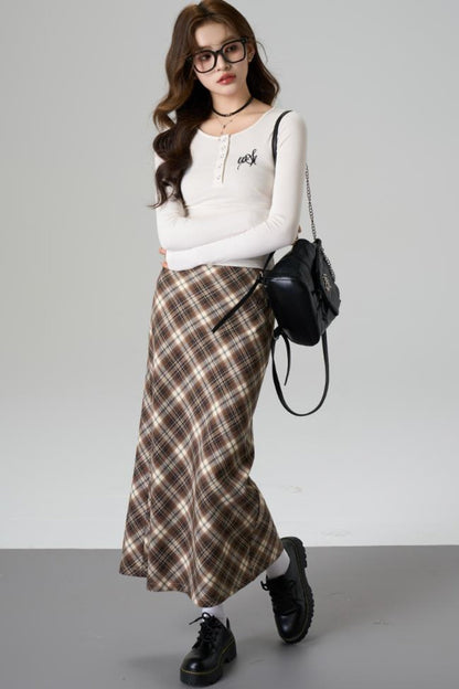 Brown Plaid A-Line Skirt