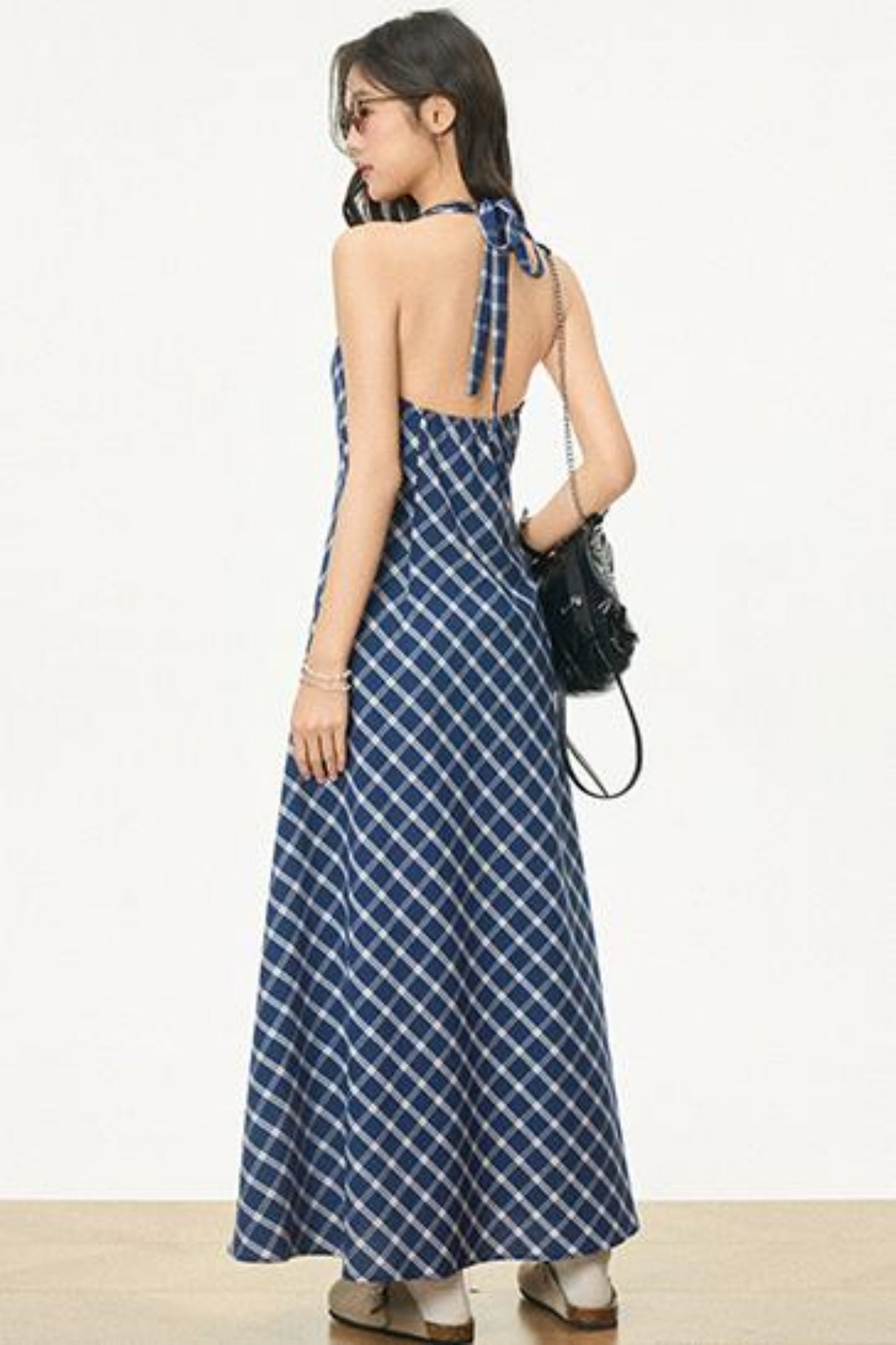 Retro Plaid Halter Dress With Smock Set-Up