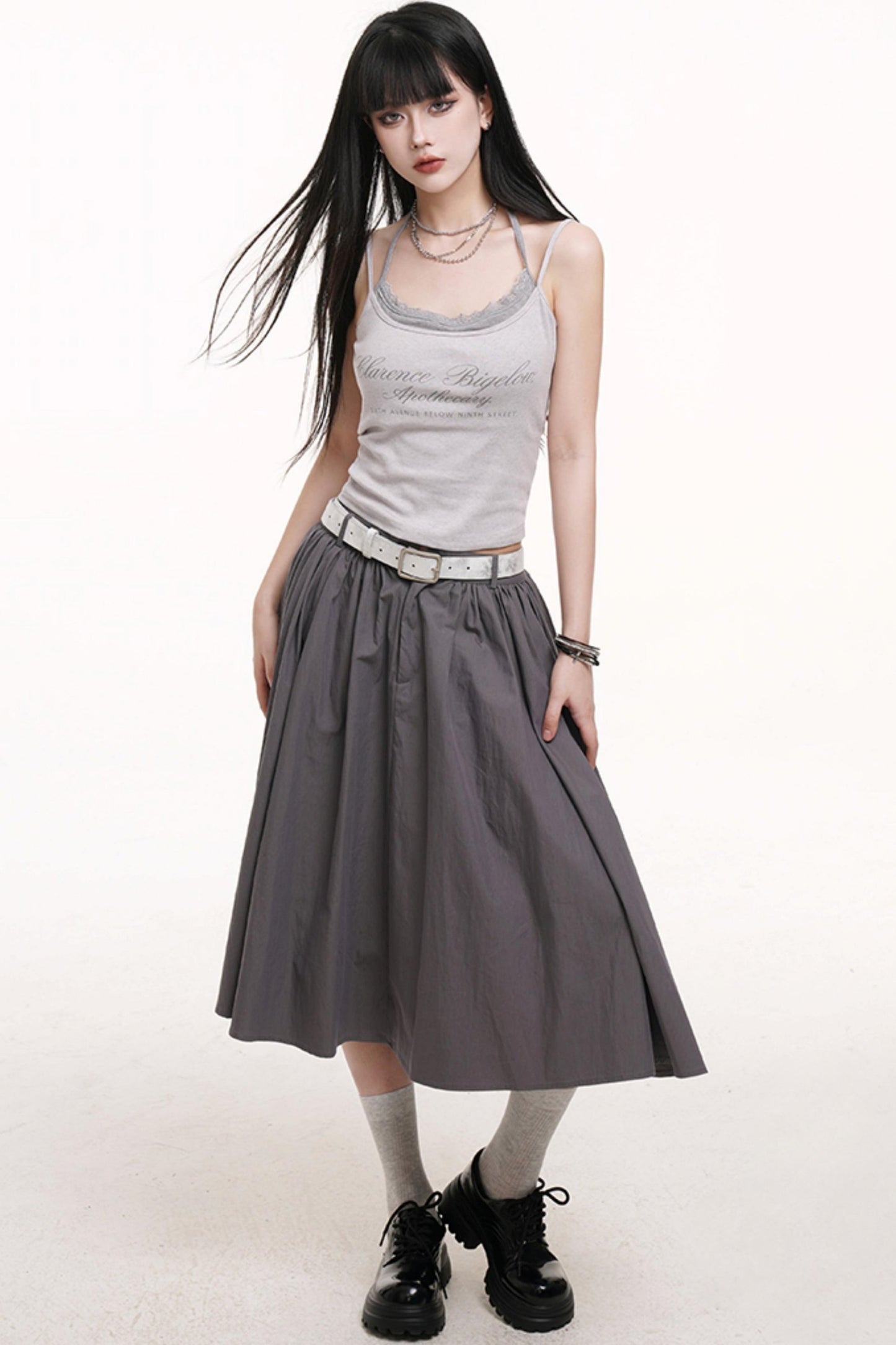 Gray Pleated Midi Skirt