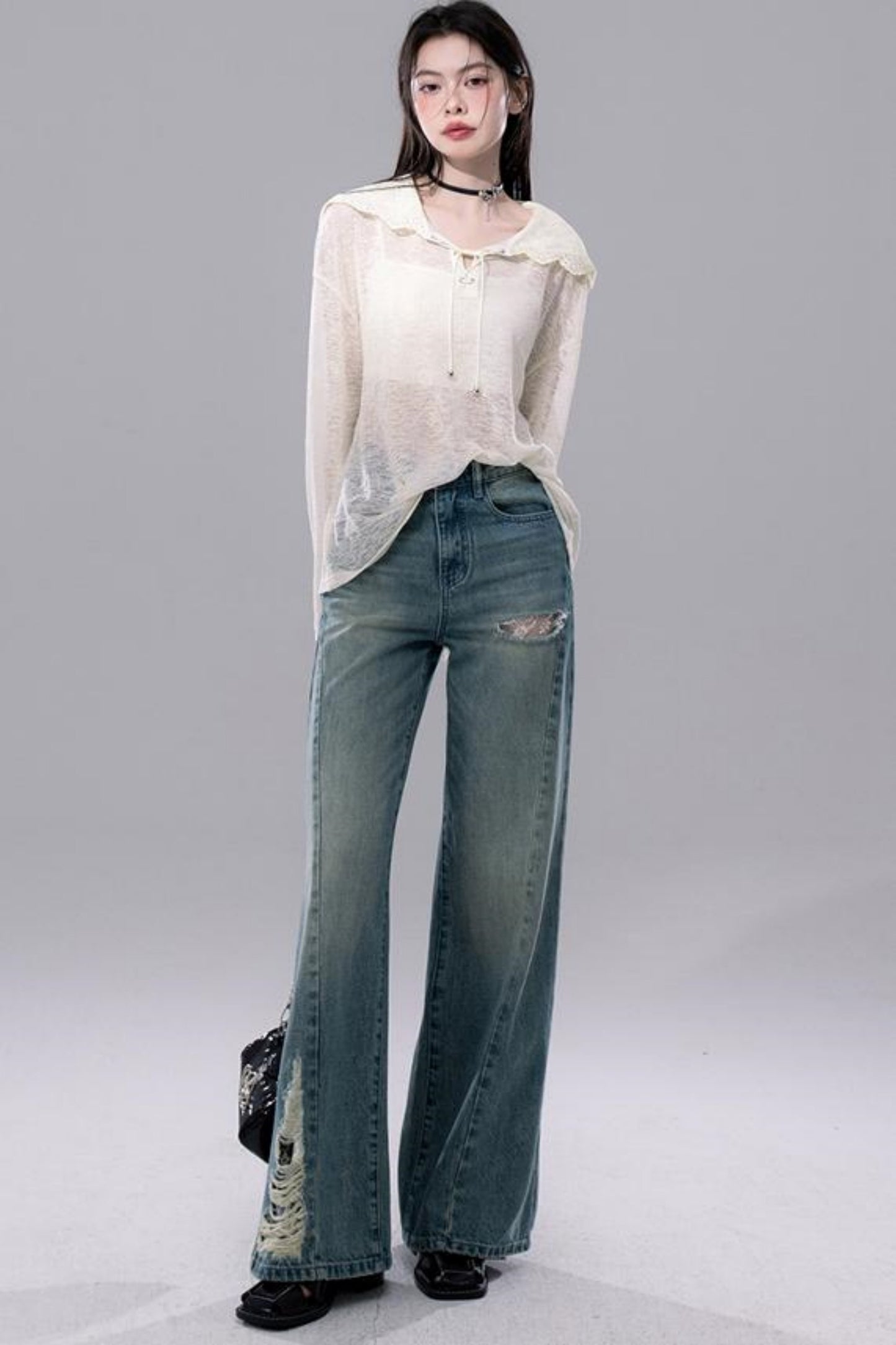 Sheer Lace Hoodie Knit Blouse Skirt Set