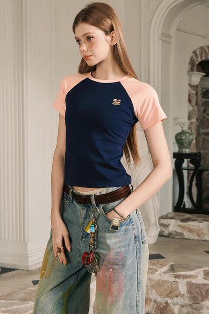 Color Block Shoulder Loose Fit T-Shirt