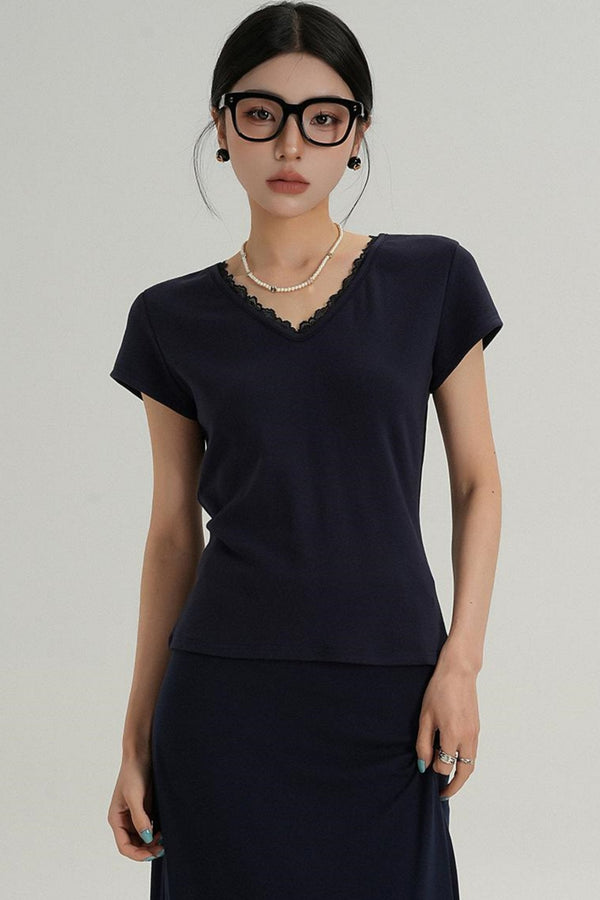V-Neck Lace Trim T-Shirt