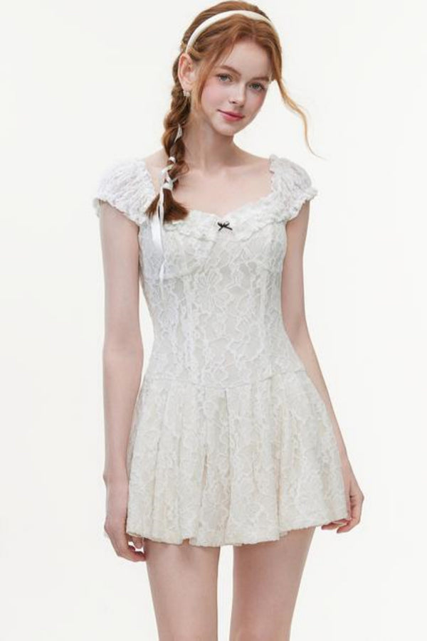 Beige Lace Pleated Dress