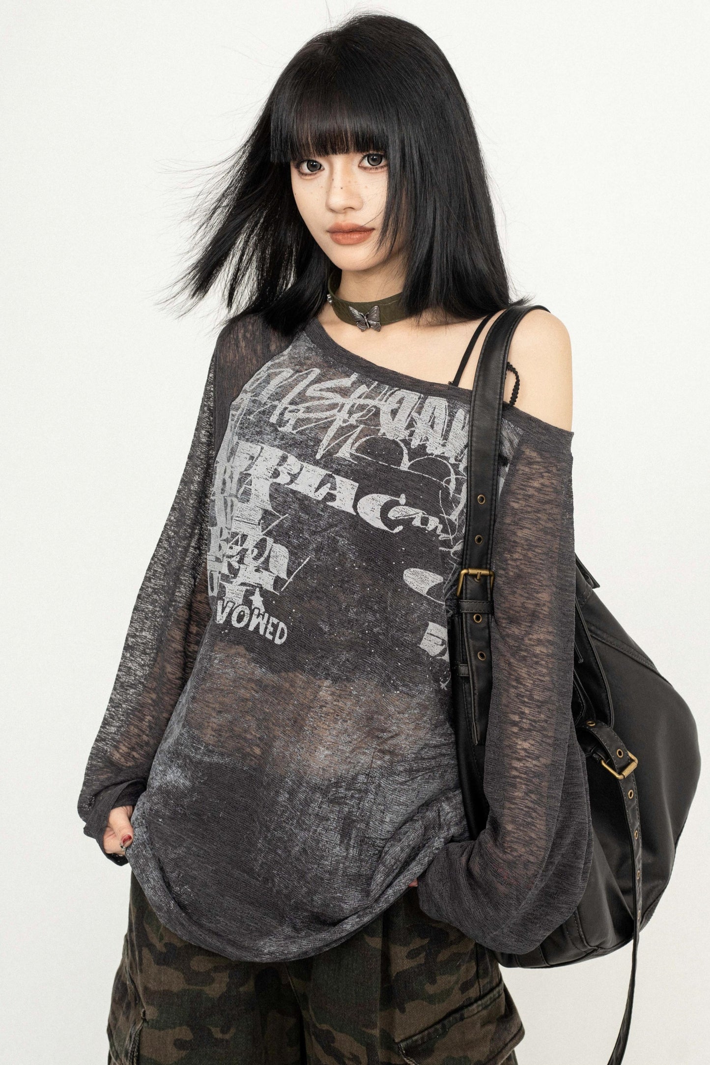 Sheer Design Shoulder Strap T-Shirt