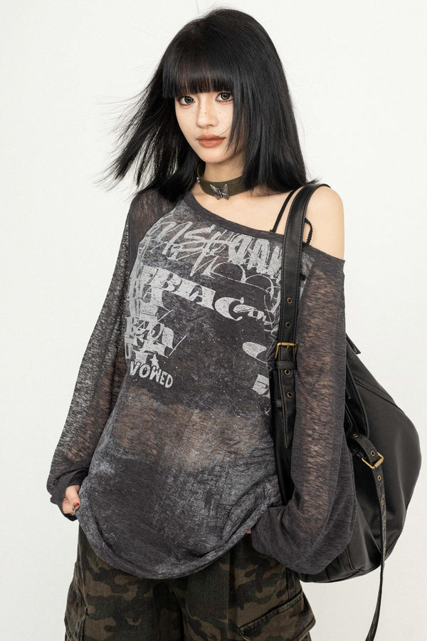 Sheer Design Shoulder Strap T-Shirt