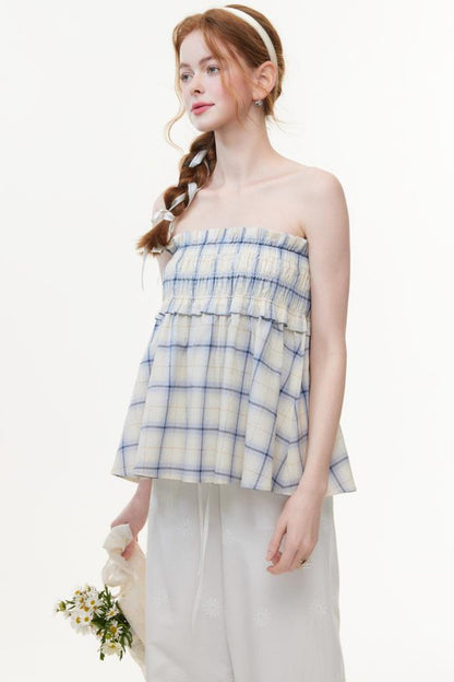 One-Shoulder Smocked Check Blouse