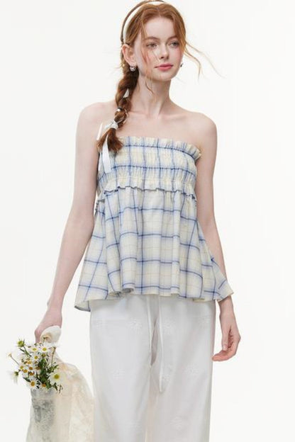 One-Shoulder Smocked Check Blouse