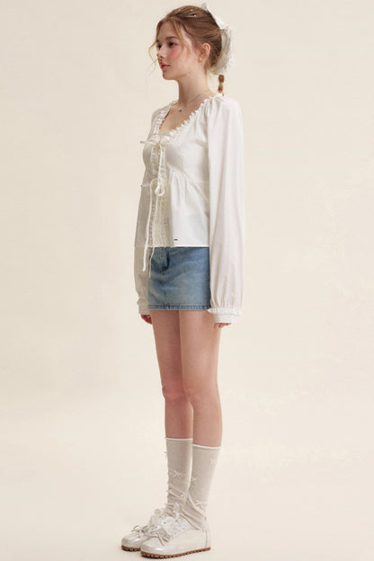 Romantic Lace Bow Tie V-Neck Shirt