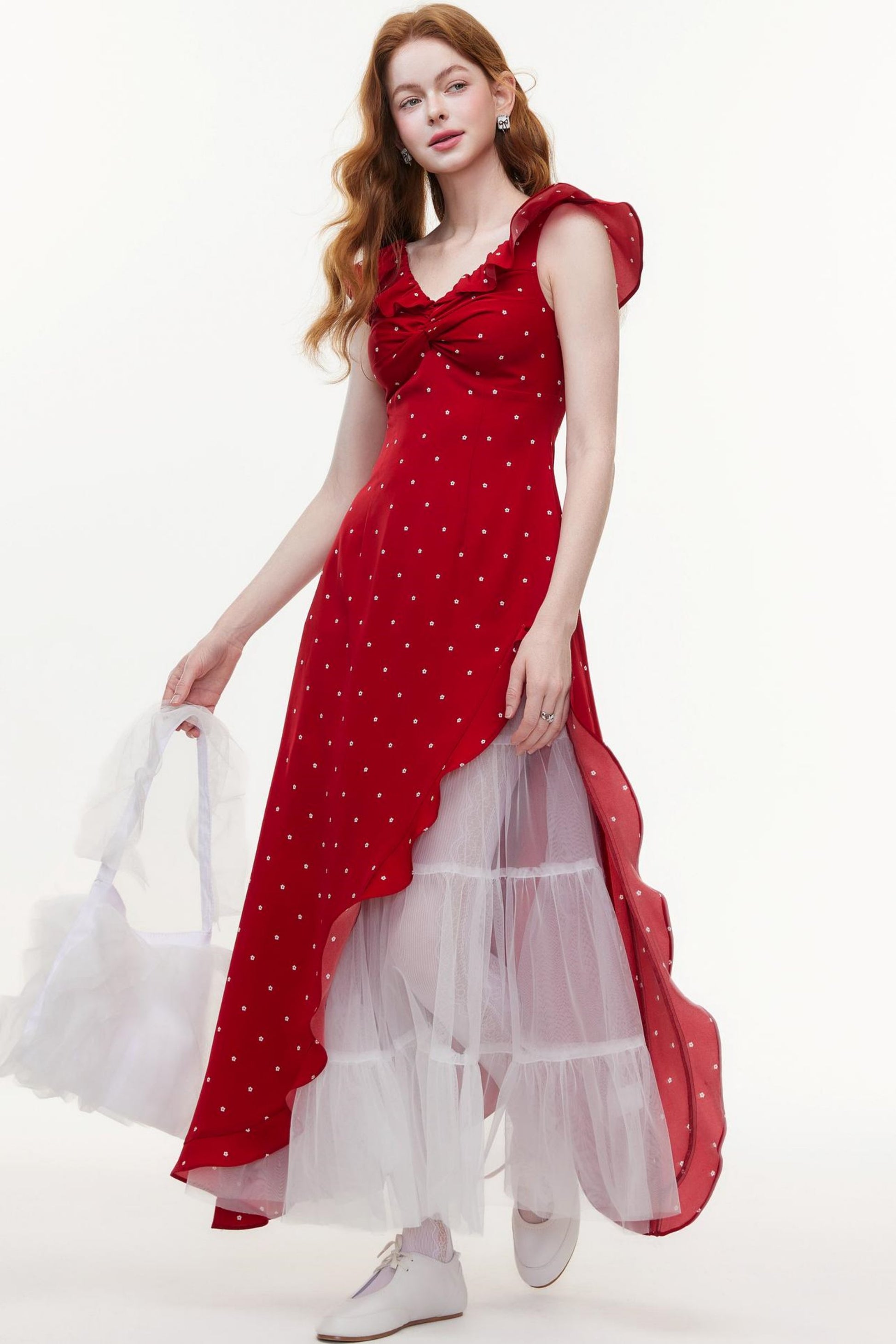 Cherry Red Lace Polka Dot Maxi Dress UrbanSheek Cherry Red Lace Polka Dot Maxi Dress UrbanSheek