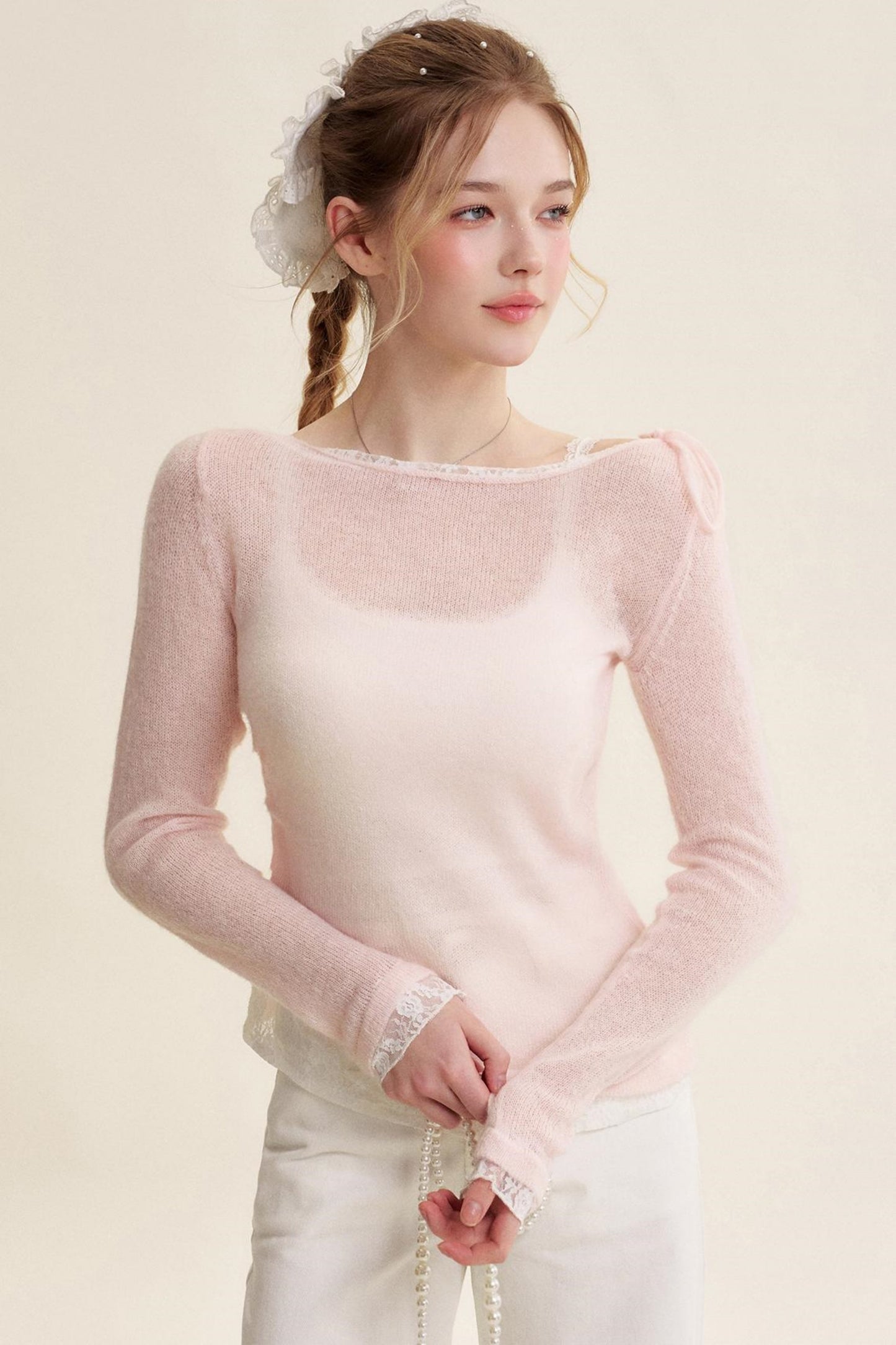 Rose Scented Mohair Bow Neck Sweater Set-Up