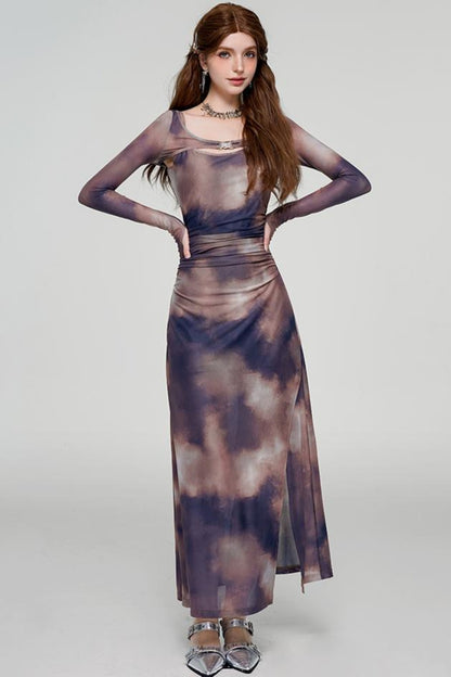 Tie-Dye U-Neck Long Sleeve Slim Dress Set