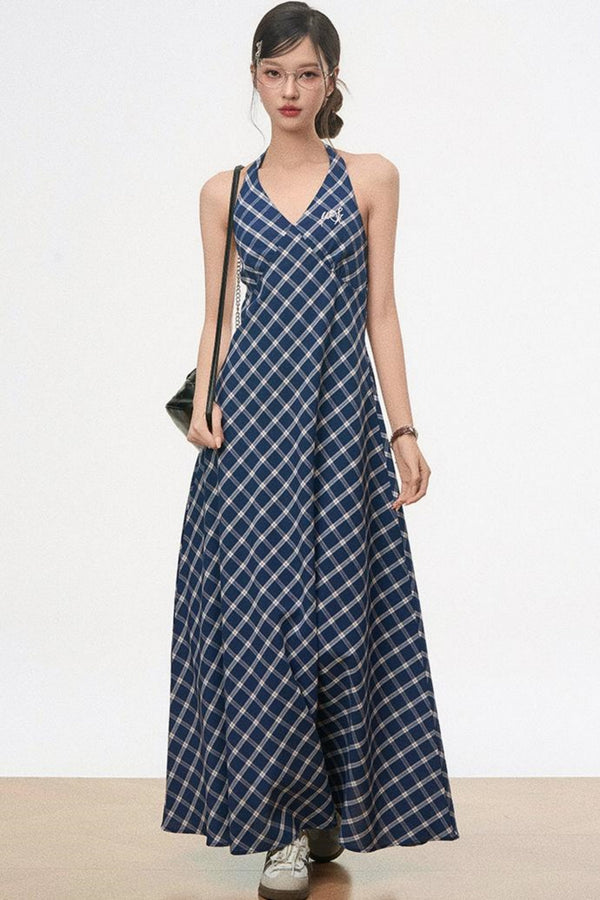 Retro Plaid Halter Dress With Smock Set-Up