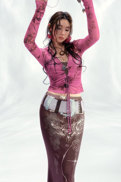 Star Mesh Cardigan With Long Skirt Set-Up