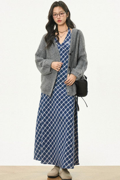 Retro Plaid Halter Dress With Smock Set-Up