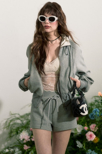 Zip-Up Sweater Jacket With Shorts Set-Up