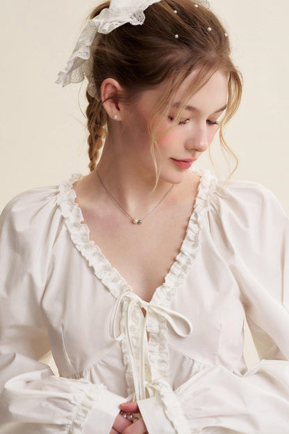 Romantic Lace Bow Tie V-Neck Shirt