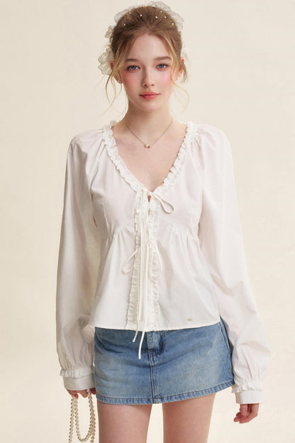 Romantic Lace Bow Tie V-Neck Shirt