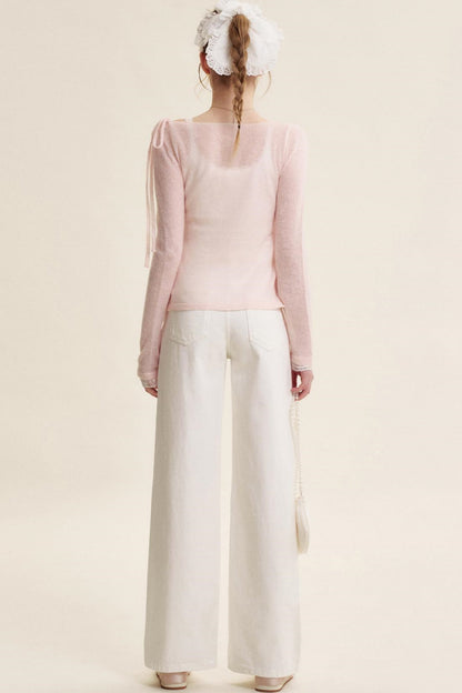 Rose Scented Mohair Bow Neck Sweater Set-Up