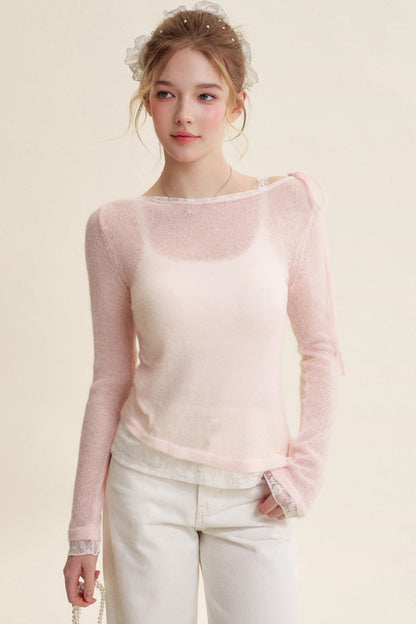 Rose Scented Mohair Bow Neck Sweater Set-Up