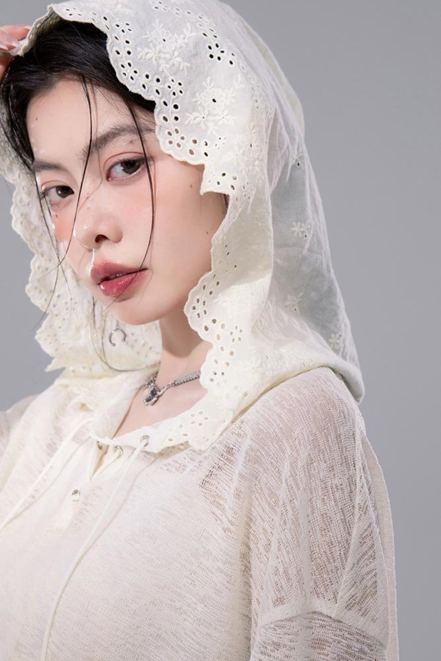 Sheer Lace Hoodie Knit Blouse Skirt Set