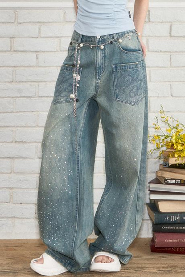 Luxe Rhinestone Wide-Leg Jeans