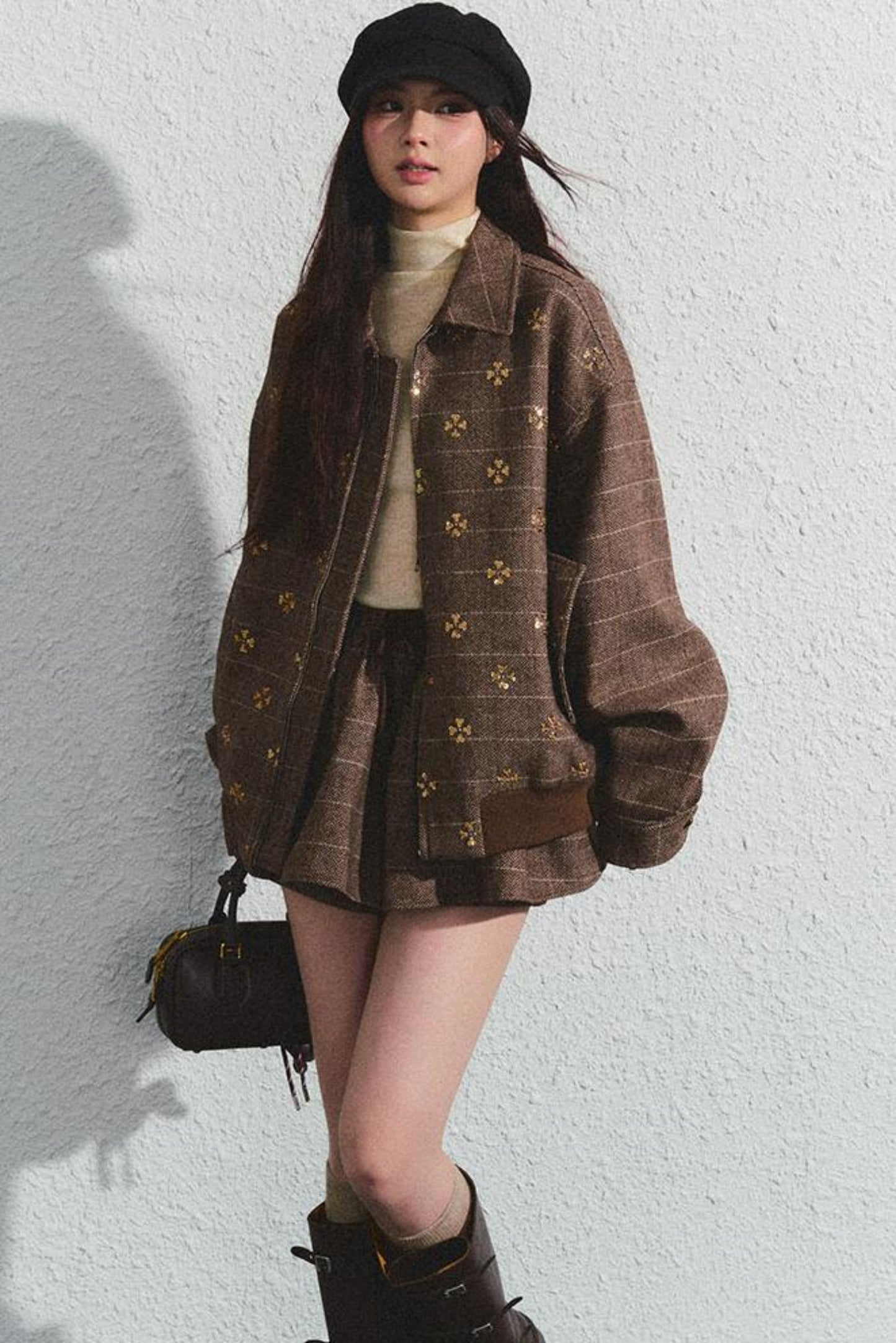 Khaki Beaded Lapel Jacket & Skirt Set-Up