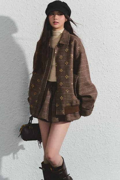 Khaki Beaded Lapel Jacket & Skirt Set-Up