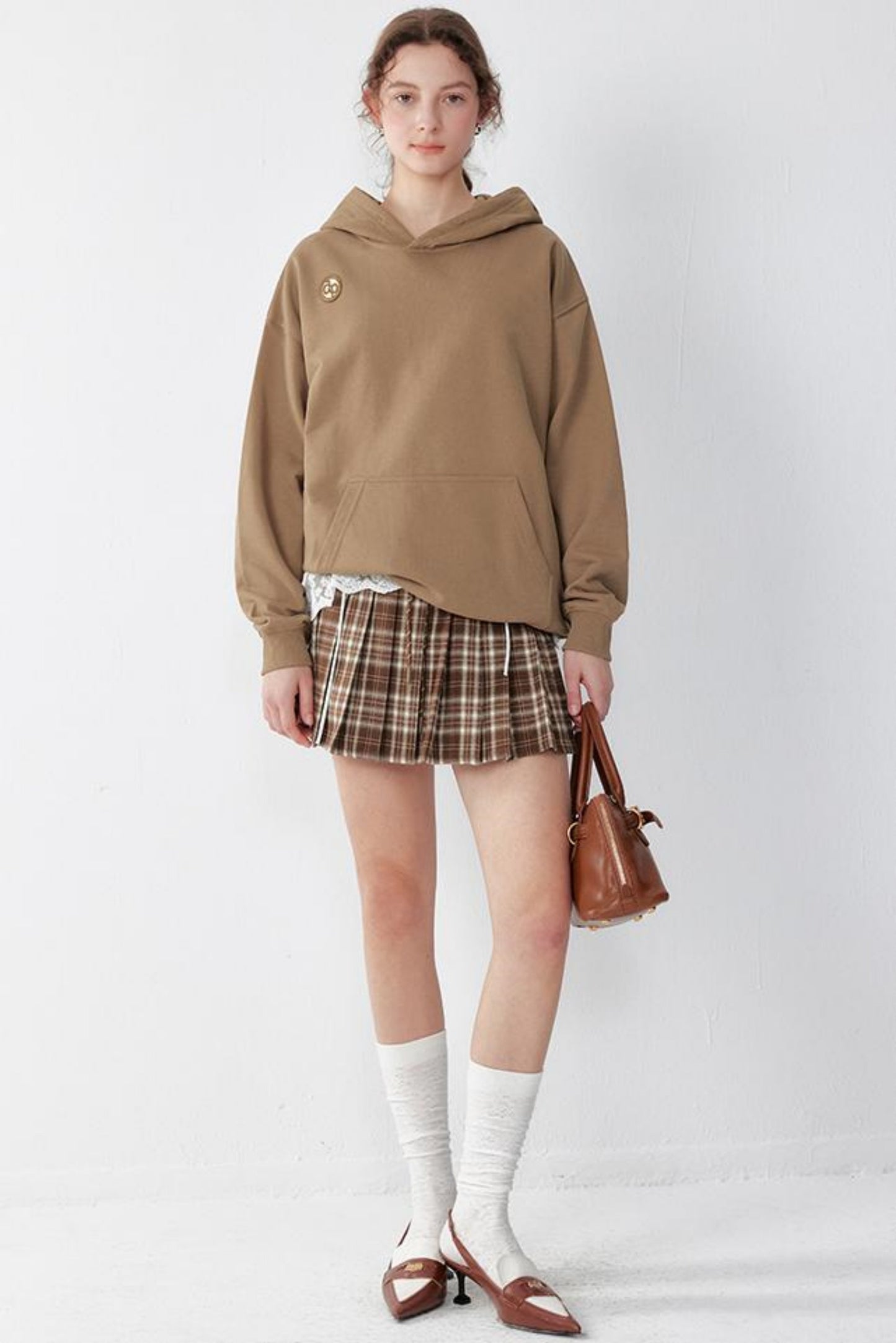 Brown Plaid Pleated A-Line Skirt