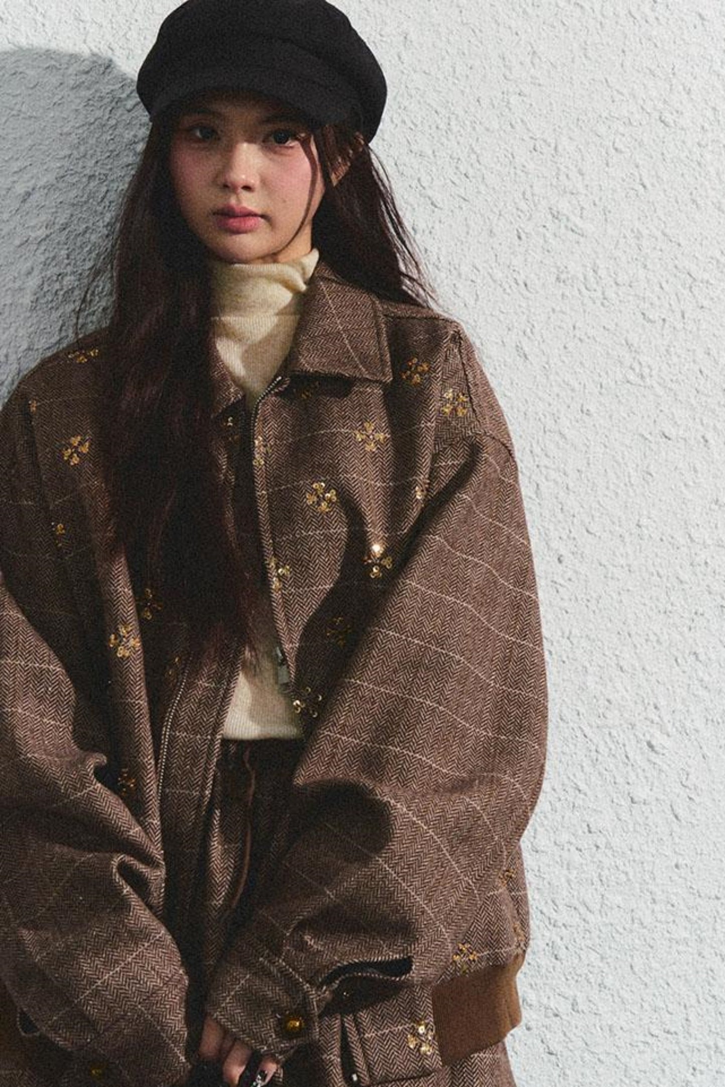 Khaki Beaded Lapel Jacket & Skirt Set-Up