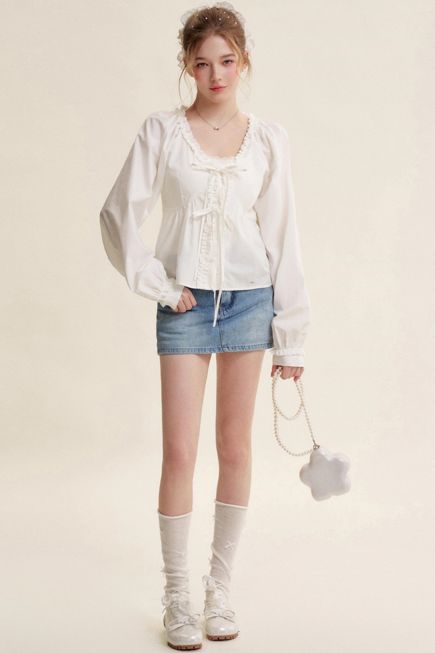 Romantic Lace Bow Tie V-Neck Shirt