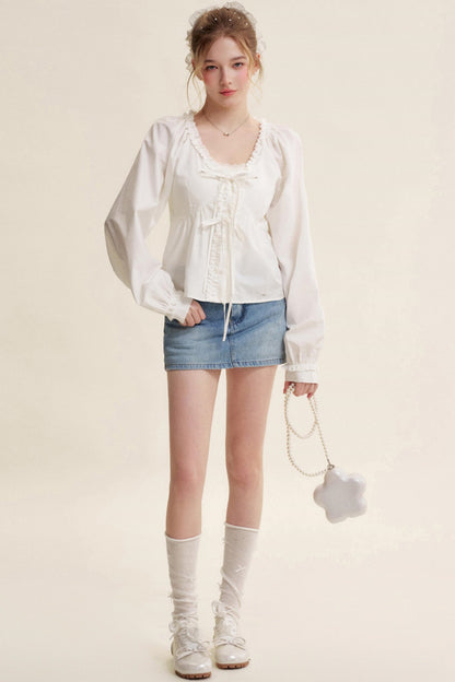 Romantic Lace Bow Tie V-Neck Shirt