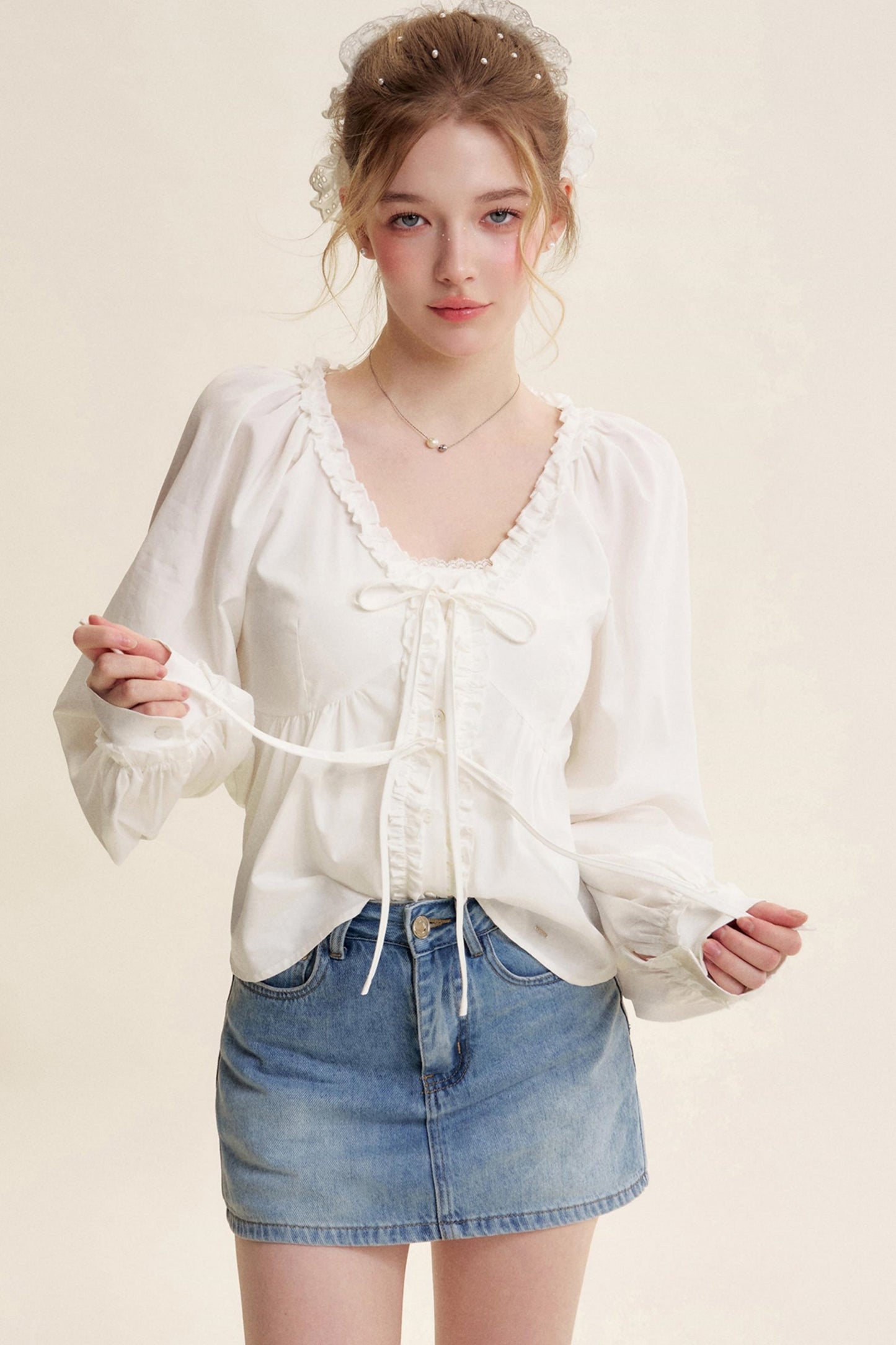 Romantic Lace Bow Tie V-Neck Shirt