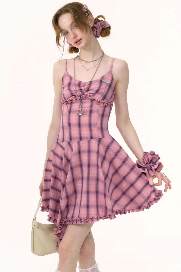 Pink Plaid Halter Dress